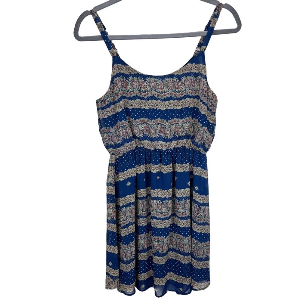 Lush Bohimian Navy Blue Floral Stripe‎ Sleeveless Chiffon Dress Sz XS